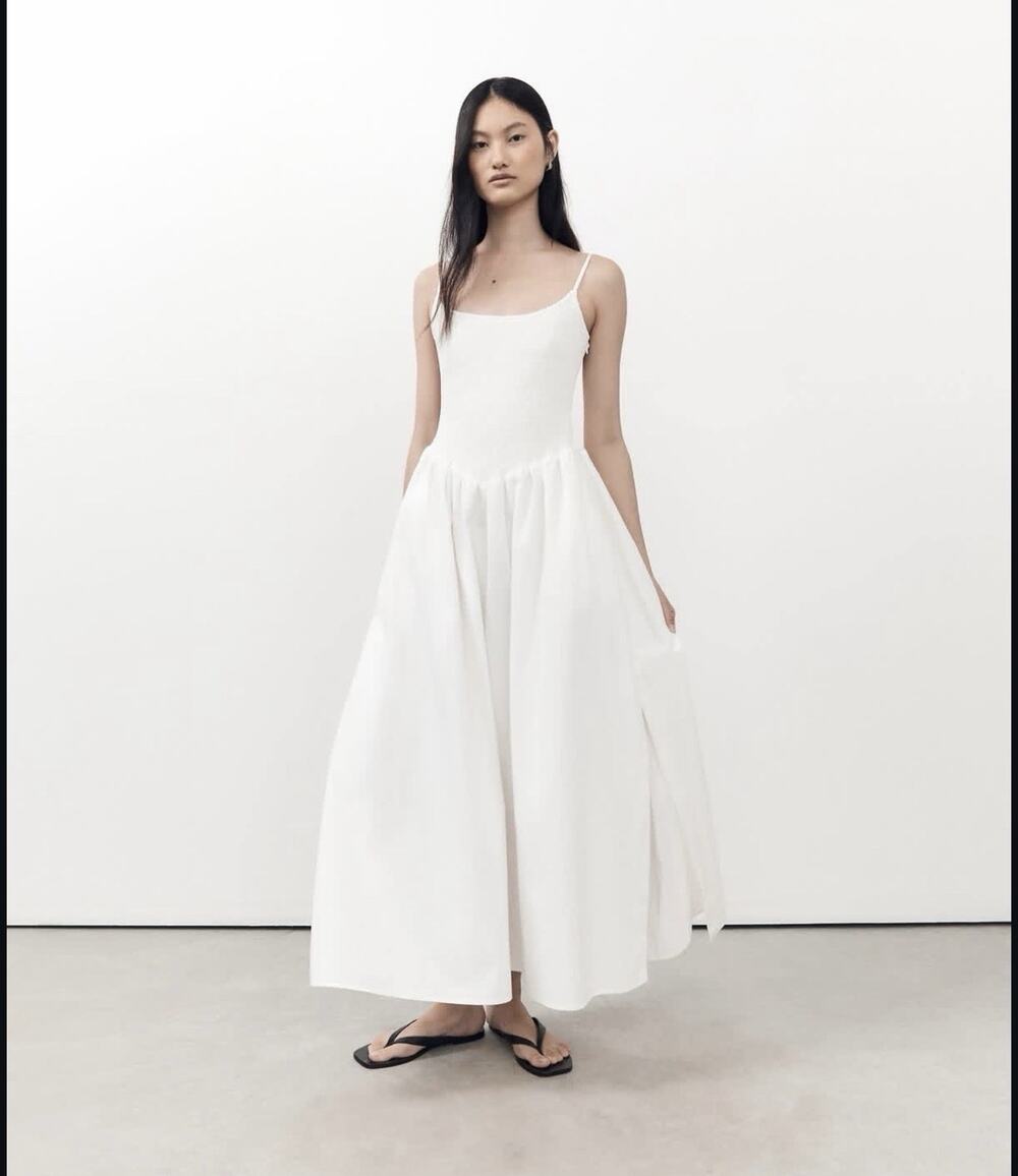 Dissh White Cotton Smocked Minimalist Spaghetti Strap Pocket Milano Midi Dress 2